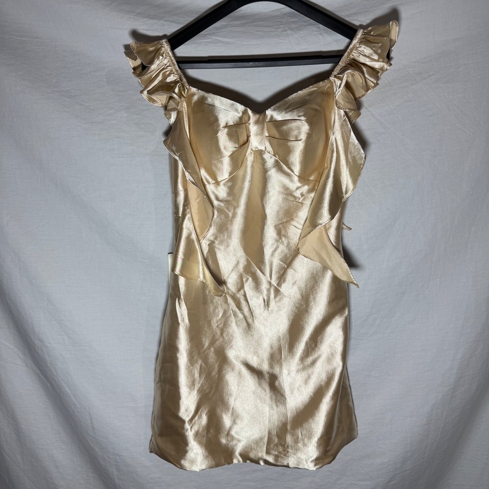 Coquette Champagne Gold Satin Ruffle Mini Wedding Dress Cocktail NWT Size‎ Small